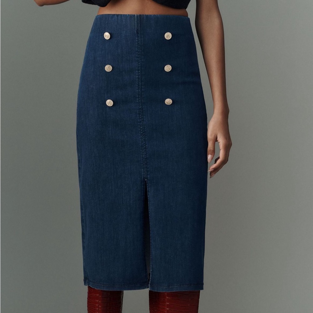 Maeve Denim Sailor Midi Skirt with Button Detail